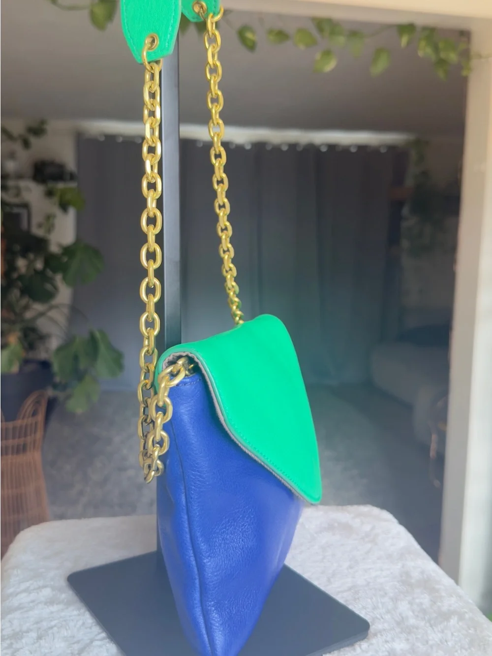 J.Crew Invitation Pebbled Leather Colorblock Envelope Clutch Chain Bag Blue Gree